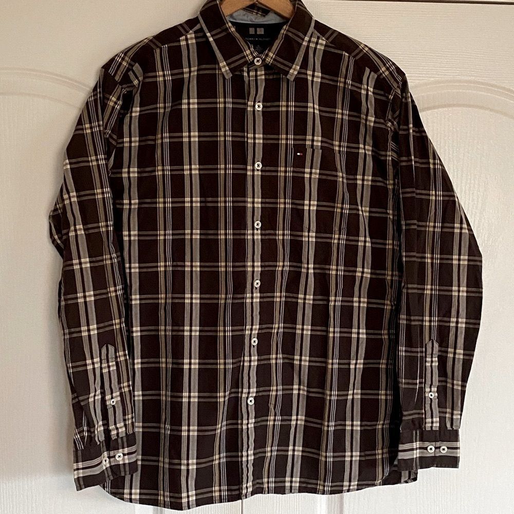 Tommy Hilfiger Plaid long sleeve men’s button down shirt brown and beige